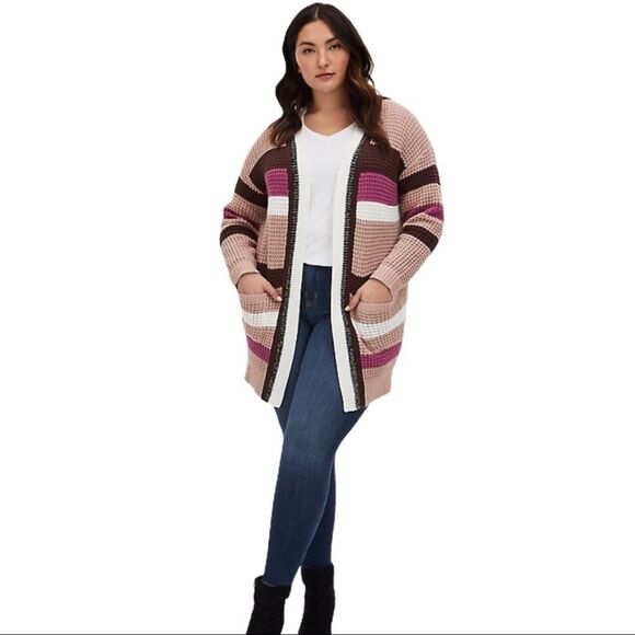 Striped Long Sleeve Open Front Pockets Longline Cardigan Sweater NWT - Picture 2 of 4